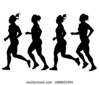 Young athletes run a marathon. Isolated silhouettes on white background