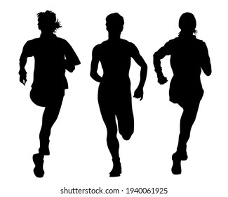 Young athletes run a marathon. Isolated silhouettes on white background