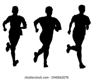 Young athletes run a marathon. Isolated silhouettes on white background