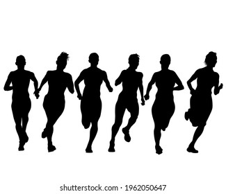 Young athletes run a marathon. Isolated silhouettes on white background