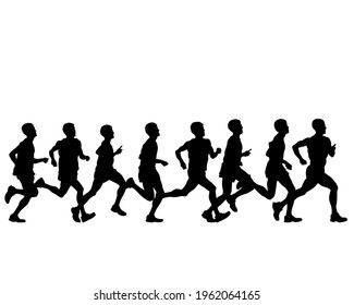 Young athletes run a marathon. Isolated silhouettes on white background