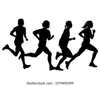 Young athletes run a marathon. Isolated silhouettes on white background