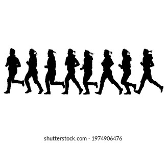 Young athletes run a marathon. Isolated silhouettes on white background
