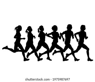 Young athletes run a marathon. Isolated silhouettes on white background