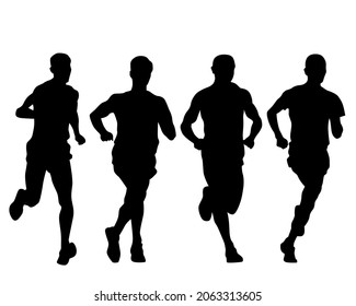 Young athletes run a marathon. Isolated silhouettes on white background