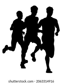 Young athletes run a marathon. Isolated silhouettes on white background