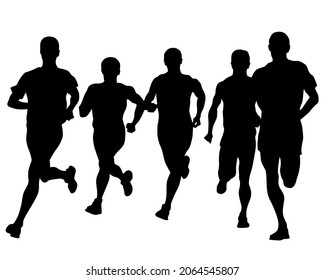 Young athletes run a marathon. Isolated silhouettes on white background