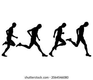 Young athletes run a marathon. Isolated silhouettes on white background