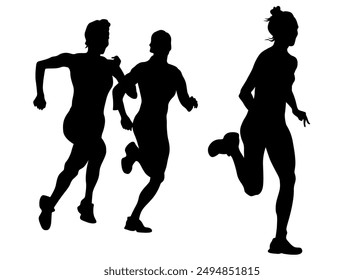 Young athletes run a marathon. Isolated silhouettes on white background