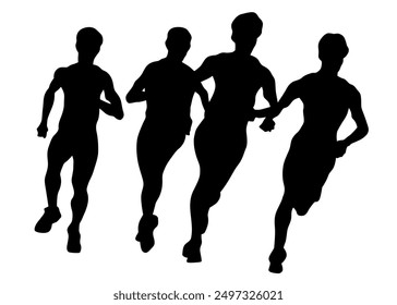 Young athletes run a marathon. Isolated silhouettes on white background