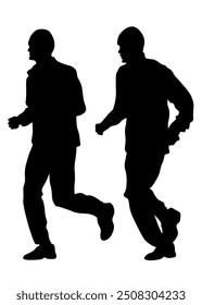 Young athletes run a marathon. Isolated silhouettes on white background