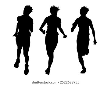 Jóvenes atletas corren una maratón. Siluetas aisladas sobre fondo blanco