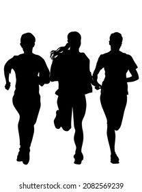 Young athletes women run a marathon. Isolated silhouettes on white background