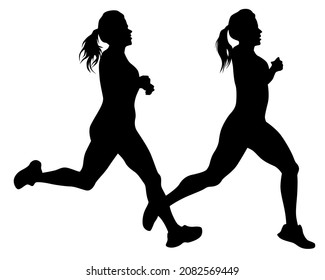 Young athletes women run a marathon. Isolated silhouettes on white background