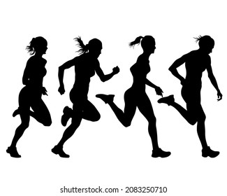 Young athletes women run a marathon. Isolated silhouettes on white background
