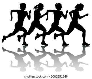 Young athletes women run a marathon. Isolated silhouettes on white background