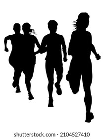Young athletes women run a marathon. Isolated silhouettes on white background