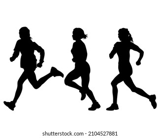 Young athletes women run a marathon. Isolated silhouettes on white background