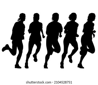 Young athletes women run a marathon. Isolated silhouettes on white background