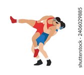 Young athletes wrestlers in the fight, duel, fight. Figures of strong men. Greco Roman, freestyle, classical wrestling. Flat vector illustration isolated on white background