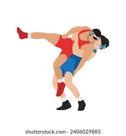 Young athletes wrestlers in the fight, duel, fight. Figures of strong men. Greco Roman, freestyle, classical wrestling. Flat vector illustration isolated on white background