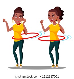 Young Athletic Black Afro American Girl Rotates Hula Hoop Vector. Isolated Illustration
