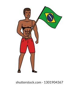young athletic black man waving brazil flag
