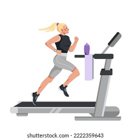A young athletic blonde is running on a treadmill. Preparation for sports competitions, endurance training, running. Healthy lifestyle. Vector illustration in a flat style