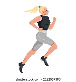 A young athletic blonde woman runs a marathon. Preparation for sports competitions, endurance training, running. An active lifestyle. Vector illustration in a flat style