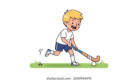 Young athletic boy plays field hockey enjoying outdoor sports activity in a sunny day
