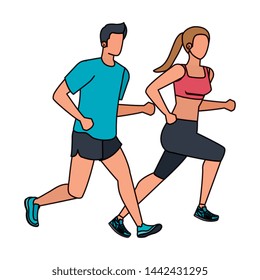 young athletic couple running characters