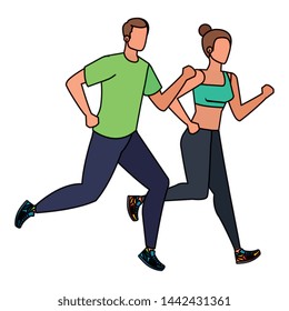 young athletic couple running characters