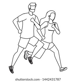 young athletic couple running characters