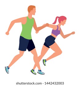young athletic couple running characters