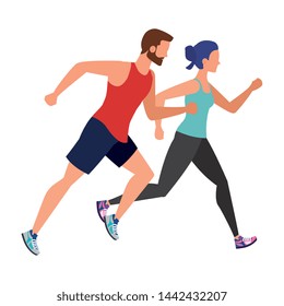 young athletic couple running characters