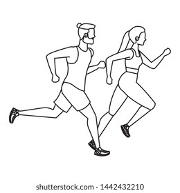 young athletic couple running characters