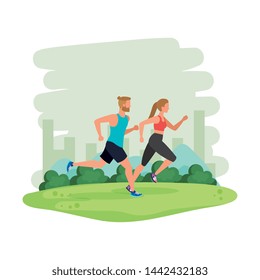 young athletic couple running in the park