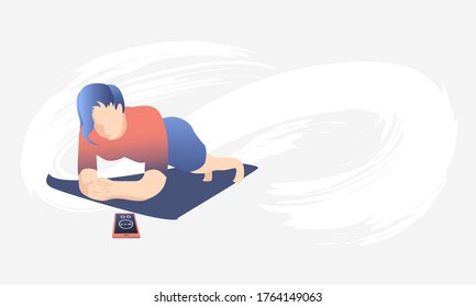 Das junge athletische Mädchen übt sich auf der Matte aus. Sport zu Hause, Plank, Timer. Gesunder Lebensstil