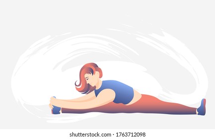 Young athletic girl is doing a workout. Woman is sitting on the cross twine, healthy lifestyle concept. Invitation to the gym.