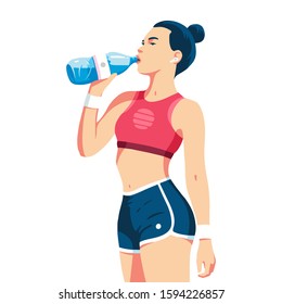 Young, athletic girl drinks water after a workout. Flat vector illustration, isolated characters on white background.