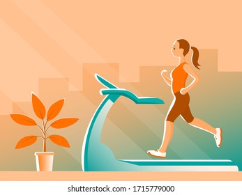 Young athletic girl is training on a treadmill. Exercises at home on the background of a window with a city view. Near houseplant. Vector illustration.