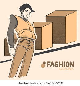 The young athletic handsome beautiful man in sporty clothes. Abstract buildings are behind. Urban panorama. Yellow and brown colors. Comic style, vector/Series Urban fashion. Autumn, winter. 