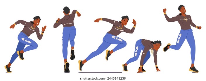Young, Athletic Man Character Surges Forward With Determination, Arms Pumping Rhythmically. His Focused Gaze Is Ahead, Feet Striking The Ground In A Harmonious Blend Of Speed And Agility. Vector Set