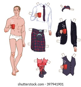 Young athletic man demonstrating traditional Scottish Highland attire. Morning outfit. Paper dressing-up doll. Costume elements are isolated separately on white background. EPS10 vector illustration.
