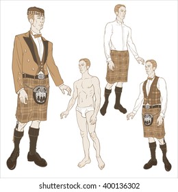 Young athletic man demonstrating traditional Scottish Highland attire. Black-tie outfit. Dressing-up doll. Sequence of man's dressing stages isolated on white background. EPS10 vector illustration.