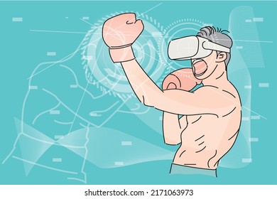 Young athletic man doin uppercut real hard to opponent in virtual reality game. Flat design illustration