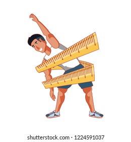 young athletic man doing stretching with measuring tape