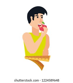 Young Athletic Man Eating Apple With Measuring Tape