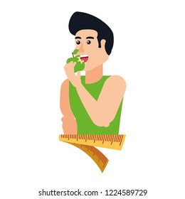 young athletic man eating apple with measuring tape