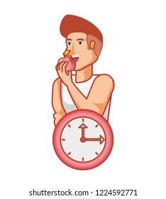young athletic man eating apple with clock